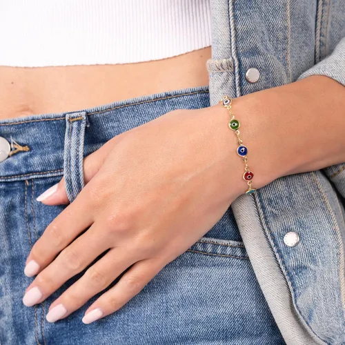 Vista 2 de Barzel Pulsera de mal de ojo multicolor chapada en oro de 18 quilates para mujer, fabricada en Brasil Arcoíris