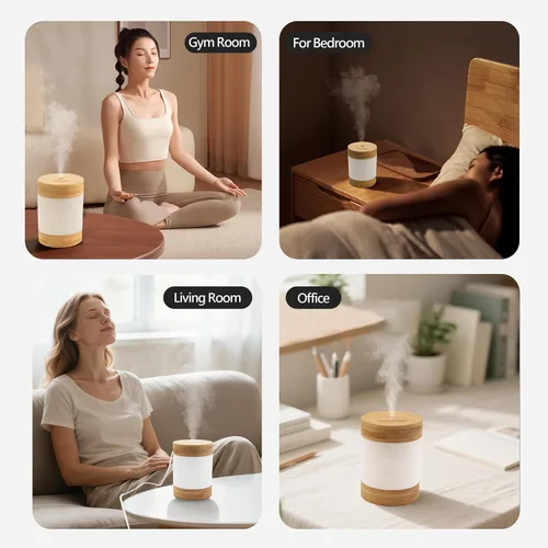 Vista 4 de Mini humidificador ultrasónico de bambú, humidificador de escritorio silencioso de 14.1 onzas líquidas con luz nocturna LED dual, alimentado por