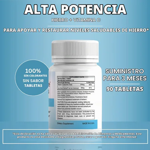 Vista 4 de Suplemento de hierro, hierro carbonílico 65 mg, vitamina C 270