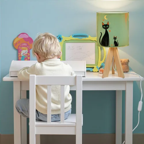 Vista 7 de Lámpara de mesa con trípode, retro, verde, de mediados de siglo, moderna Edad Atómica, moderna, verde azulado, negro, gato, lámpara pequeña, lámpara
