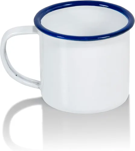 Vista 8 de Red Co. Juego de 6 tazas de café y té redondas de metal esmaltado de 5 onzas con asa, borde blanco sólido y azul marino