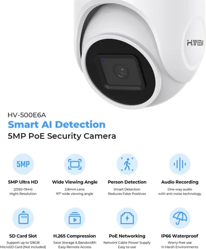 Vista 11 de (Compatible con Hikvision) H.VIEW Cámara POE para exteriores de 5 MP con torreta de seguridad IP, visión nocturna IR de 100 pies, lente fija