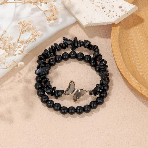 Vista 5 de GolbalJew Pulsera de amatista para mujer, pulseras de cuentas de amatista para la ansiedad, dijes de mariposa, piedra curativa en capas, regalos
