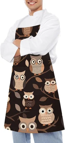 Vista 4 de MUSM Cute Brown Cartoon Owls Apron，Classic Vintage Funny with Pockets Aprons,Adjustable Bib Waterdrop Resistant for Kitchen Cooking Restaurant BBQ