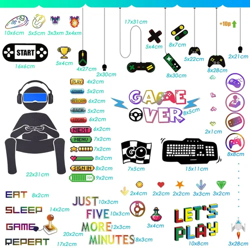 Vista 2 de 56 calcomanías de pared para jugadores, control de videojuegos, calcomanías extraíbles para videojuegos, arte de pared para dormitorio, sala