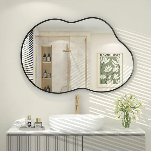 Vista 129 de Paquete de 2 espejos de baño con marco de metal negro de 22 x 30 pulgadas, espejo rectangular redondeado negro mate, antioxidante, se cuelga