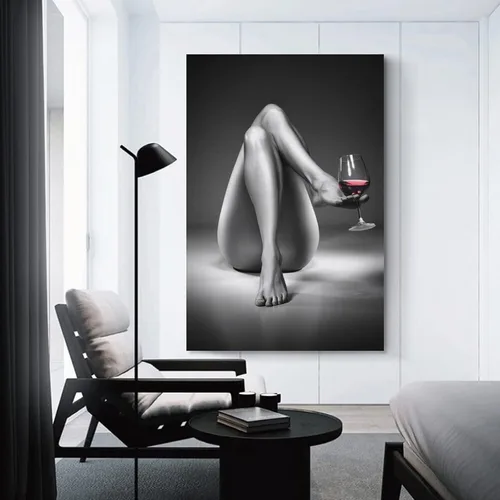 Vista 3 de Impresiones en lienzo con diseño de mujer desnuda, pintura de copa de vino en blanco y negro, póster de chica sexy, arte de pared, cuadro moderno