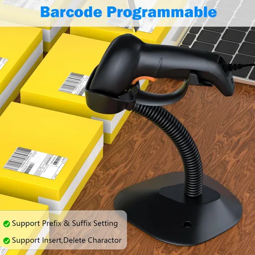 Vista 3 de Symcode Escáner de código de barras USB 1D con soporte Lector de código de barras láser con cable de mano con soporte de cuello de cisne y cable
