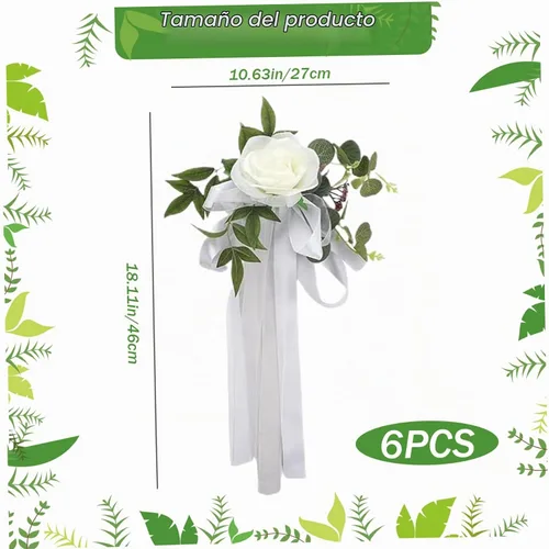 Vista 7 de Decoraciones de pasillo de boda, 6 rosas artificiales con cinta para decoración de pasillo de boda, decoración de silla de flores para bodas