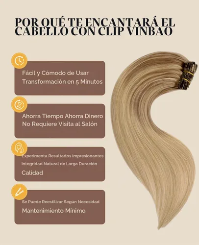 Vista 2 de VINBAO Extensiones de cabello humano con clip, balayage, color marrón ceniza a rubio caramelo, 14 pulgadas, 6 unidades, 3.53 onzas, 6