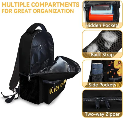 Vista 6 de FUZZYFIT Mochila de pato con juego de lonchera para niños, mochilas escolares 3 en 1 a juego, bonita bolsa negra y estuche para lápices