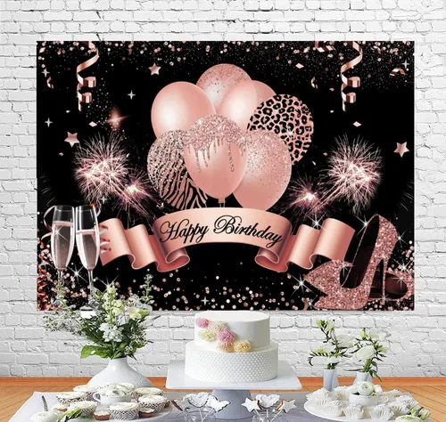Vista 4 de InMemory Telón de fondo de cumpleaños de oro rosa para mujeres y niñas, fondo de fotografía de feliz cumpleaños, globos con purpurina, tacones