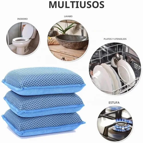 Vista 5 de Scrub-It - Esponja de cocina de microfibra Miracle - Esponjas de limpieza resistentes para lavavajillas que no rayan, lavables a máquina, (azul)
