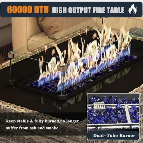 Vista 3 de Mesa para fogón de gas propano de 44 pulgadas para patio exterior, fogón rectangular al aire libre de mimbre de ratán de 60000 BTU con protector