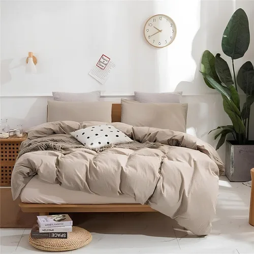 Vista 2 de INDACORIFY Funda de edredón de algodón de color beige, funda de cama de algodón suave lavado a la piedra, juego de 3 piezas, funda de edredón