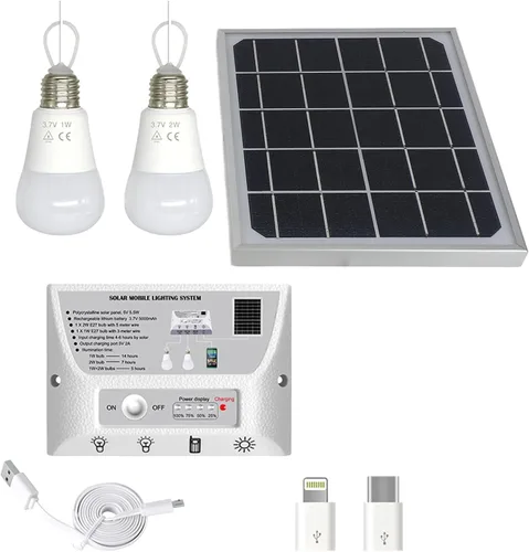 Vista 6 de Irfora Kit de iluminación de panel solar, lámpara solar portátil brillante para exteriores con panel de 4.5 W y bombillas LED de 1 W + 2 W, sistema