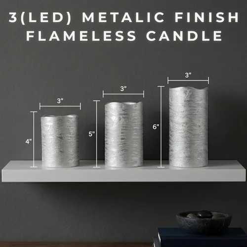 Vista 2 de Lavish Home Juego de 3 velas LED sin llama con control remoto, velas de pilar de cera real con temporizador y acabado metálico envejecido (plateado)