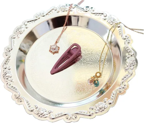 Vista 9 de Bandeja redonda de almacenamiento para collares, soporte para joyas, organizador de platos de postre, plato de fruta, organizador de platos, Dorado