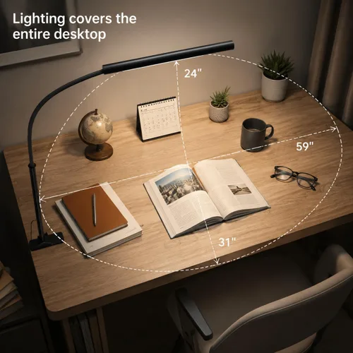 Vista 5 de Lámpara de escritorio LED con abrazadera, 5 modos de color y 10 niveles de brillo, luz de escritorio para cuidado de los ojos, cuello de cisne