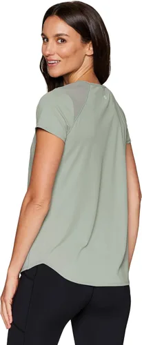 Vista 5 de RBX Camiseta deportiva de entrenamiento para mujer, con panel de malla transpirable, para gimnasio, correr, elástica, súper suave, con malla