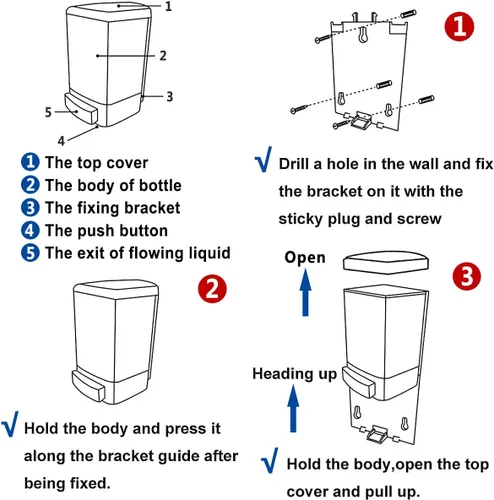 Vista 6 de Dispensador manual de jabón 33.8oz / 1000ml para cocina, baño, montado en pared, dispensador de jabón comercial para contenedores líquidos, champú