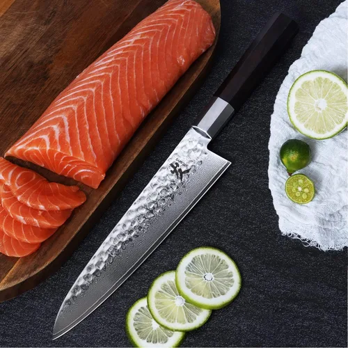 Vista 7 de SAMCOOK - Cuchillo de chef japonés – Cuchillo de cocina profesional de 8 pulgadas con acabado martillado de Damasco, cuchillo de cocina de acero