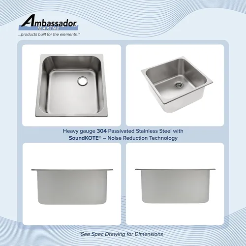Vista 2 de AMBASSADOR MARINE Fregadero rectangular de acero inoxidable 304 GRADE – cepillado, 14-1/2" x 14-1/2" x 6" de profundidad (S44-4614-BR-W)