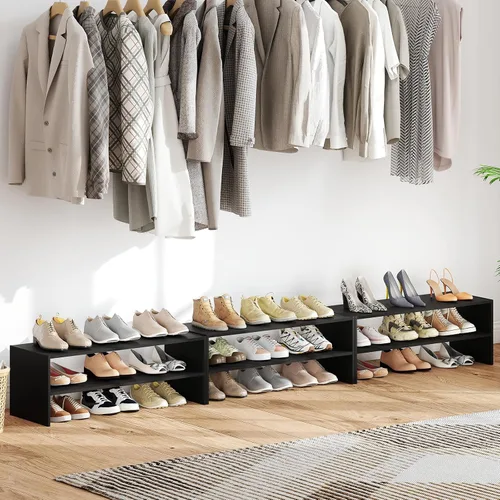 Vista 7 de COSTWAY Zapatero de 6 niveles, estante organizador de zapatos extra ancho con diseño apilable, soporte de almacenamiento de zapatos ajustable