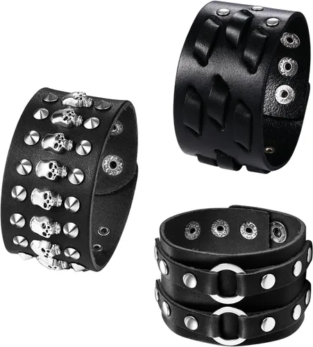 Vista 11 de OIDEA Assorted 3pcs Mens Punk Multistrand Leather Braided Bangle Cuff Bracelet for Biker Dad Father Size Adjustable
