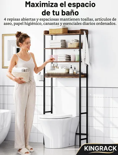 Vista 11 de KINGRACK Estante de baño de 4 niveles sobre el inodoro, almacenamiento Marrón