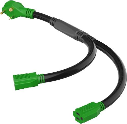 Vista 8 de RVGUARD - Cable adaptador Y para caravana con mango, dos enchufes machos TT-30 de 30 amperios a hembra 14-50 de 50 amperios, color verde Dos