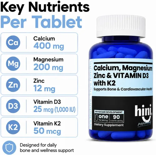 Vista 2 de HINI Suplemento de calcio y magnesio y zinc con vitamina D3 y K2 MK-7