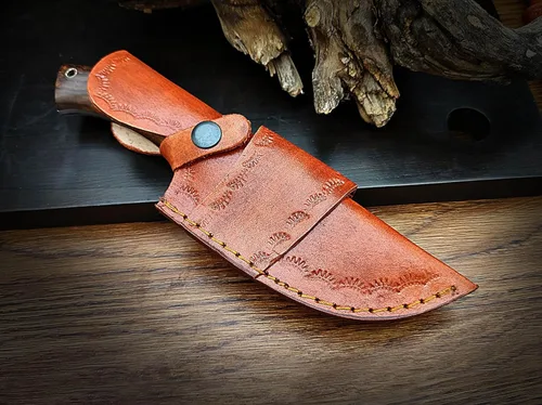 Vista 6 de Cuchillo de gancho de acero D2 hecho a mano - Hoja fija de espiga completa con mango de madera y funda de cuero - Cuchillo afilado para desollar