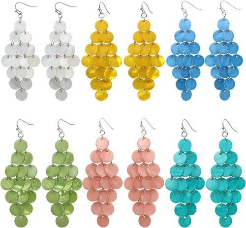Vista 6 de Aretes colgantes en capas con cuentas de disco hechos a mano, multicolor, naranja, rojo, azul, para mujer