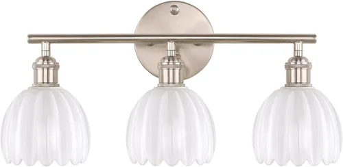 Vista 111 de Shenmoyl Lámparas de baño, lámpara de pared de 2 luces para tocador sobre espejo con pantalla de vidrio tulipán blanco para dormitorio, sala