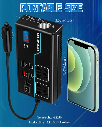 Vista 6 de Inversor de corriente de 200 W, 8 en 1 CC 12 V a 110 V CA, adaptador de enchufe de automóvil, convertidor de salidas con PD3.0 de 30 W y 4 puertos