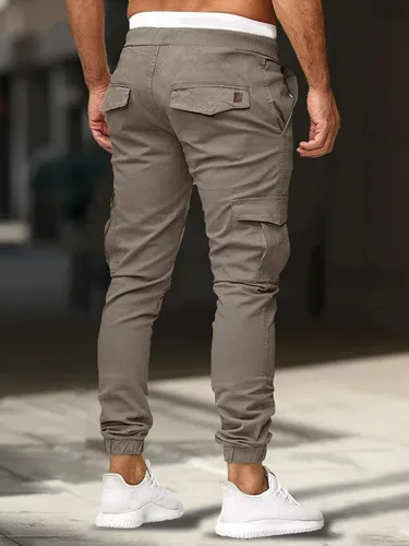 Vista 3 de Comdecevis Pantalones cargo para hombre, casuales, de algodón, con cordón, con 6 bolsillos, para senderismo, exteriores, pantalones de sarga