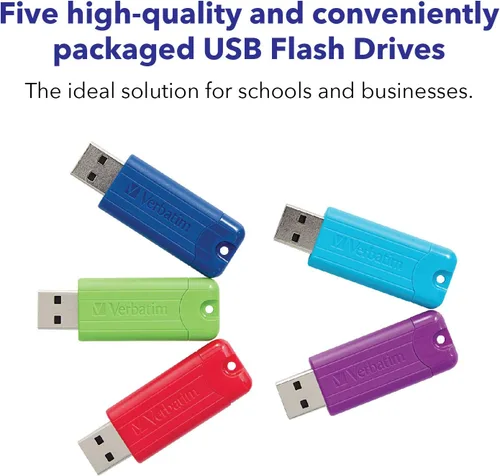 Vista 2 de Verbatim Unidad flash USB 3.0 retráctil de 16 GB a rayas, paquete de 5 unidades multicolor (verde, azul, rojo, morado, cian)