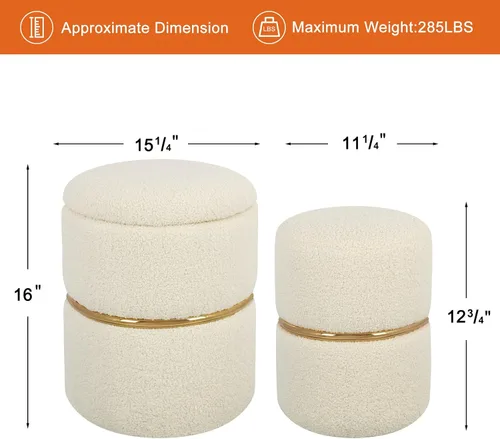 Vista 2 de Juego de 2 otomanas redondas, otomanas tapizadas de piel sintética Sherpa de almacenamiento, silla reposapiés para sala de estar, dormitorio