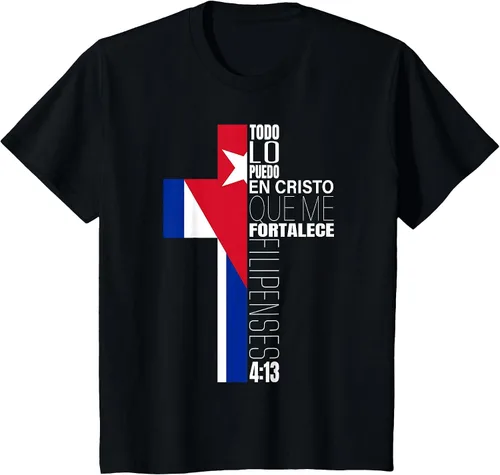 Vista 5 de Christian Spanish Filipenses 4 13 Religious Verse - Camiseta con bandera cubana