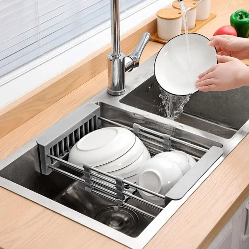 Vista 6 de Extend - Cesta de drenaje para fregadero de cocina, estante retráctil de acero inoxidable con pluma ajustable, cesta extensora multifuncional