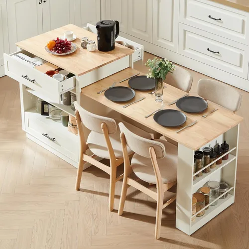 Vista 8 de ONBRILL Islas de cocina de 76 pulgadas con mesa de comedor extensible, mesa de isla para 2-4 personas con almacenamiento de doble lado, carrito