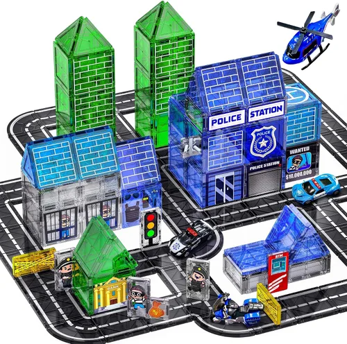 Vista 9 de Juego de 121 azulejos magnéticos para carretera con autos de retroceso. Azulejos magnéticos para construcción de edificios, juguetes con barco Negro