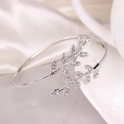 Vista 3 de Pulseras de pulsera para mujer diseño de hoja con incrustaciones de diamantes de imitación de moda
