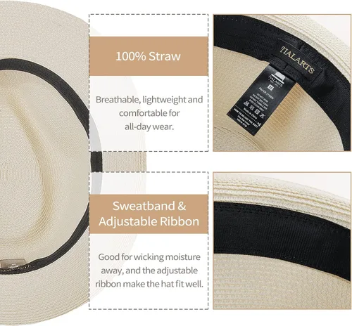 Vista 3 de TIALARTS Sombrero de paja Fedora para hombre y mujer, ala ancha, para verano, playa, paja para exteriores, sombrero cubano Trilby