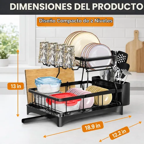 Vista 3 de DINEST Escurridor de platos de 2 niveles con escurridor, escurridor de platos de hierro resistente a la corrosión con boquilla giratoria de 270°