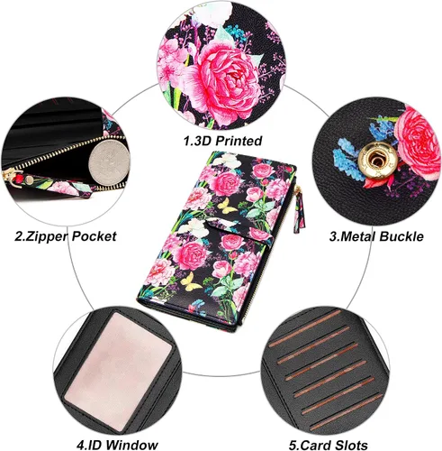Vista 5 de YOUBDM Billeteras delgadas para mujer, tarjetero RFID plegable con bolsillo con cremallera, Rosa