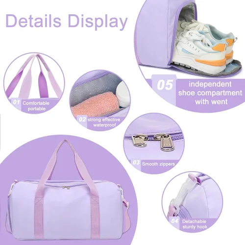 Vista 7 de Bolsa de viaje deportiva para gimnasio para hombres y mujeres con compartimento para zapatos, bolsillo húmedo, Púrpura (pure purple), Bolsa de lona