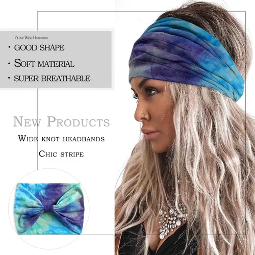 Vista 5 de Olbye Diademas anchas anudadas turbante antideslizantes elásticas para el cabello, teñido anudado, para entrenamiento, yoga, deportes, bandas