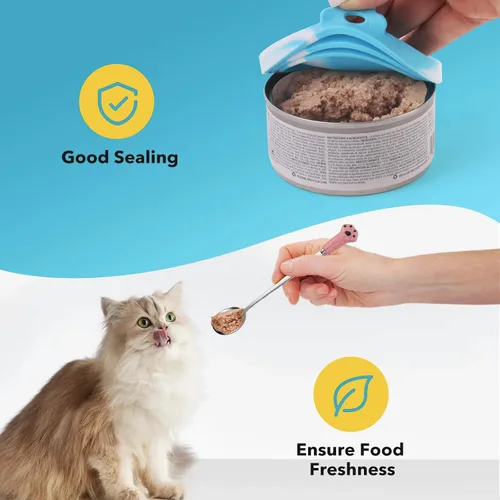 Vista 6 de Juego de 5 tapas y cucharas para latas de comida para mascotas, fundas de silicona para latas de comida para perros y gatos 2 lids fit most cans